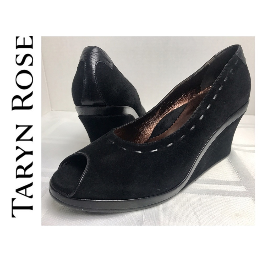 Taryn Rose Suede Leather Peep Toe Wedge Heels